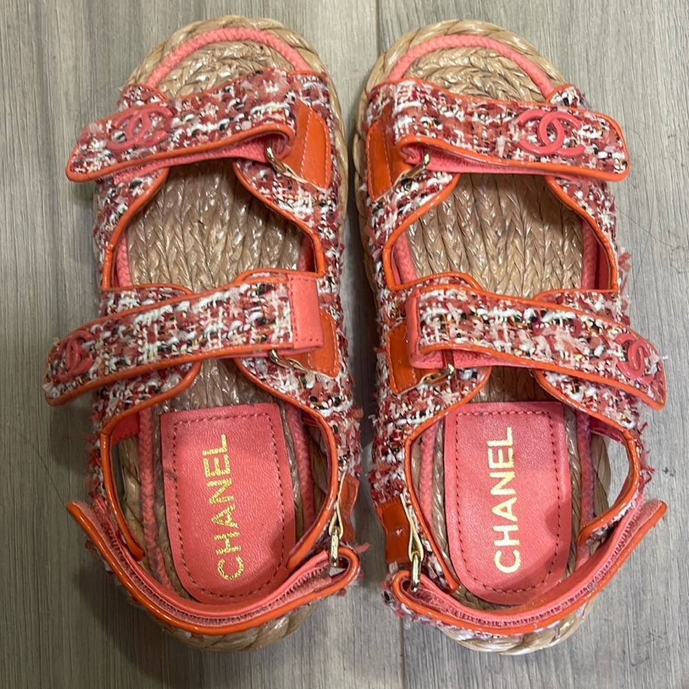 Authentic Chanel orange Tweed Dad Sandals size 7